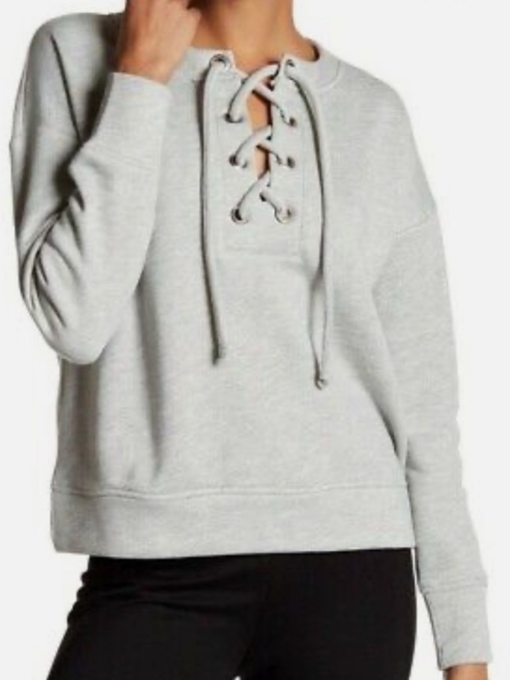 Harlowe & Graham Lace-Up Front Pullover Pullover Sweatshirt, Light Gray, Sml